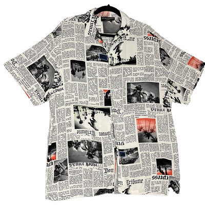 90s Vintage All Over Newspaper Button Up Men's Shirt White Black LA Rayon XL
