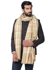 White & Beige Men's Checkered Woolen Dhariwal Lohi Shawl Winter Scarf 50" X 100"