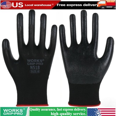 12 Pairs black WORKS Ultra-Thin Gloves Polyurethane Palm Coated Nylon Shell -L