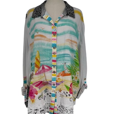 NWT John Mark Women's 3X White Beach Print Button Front Tunic Top Plus