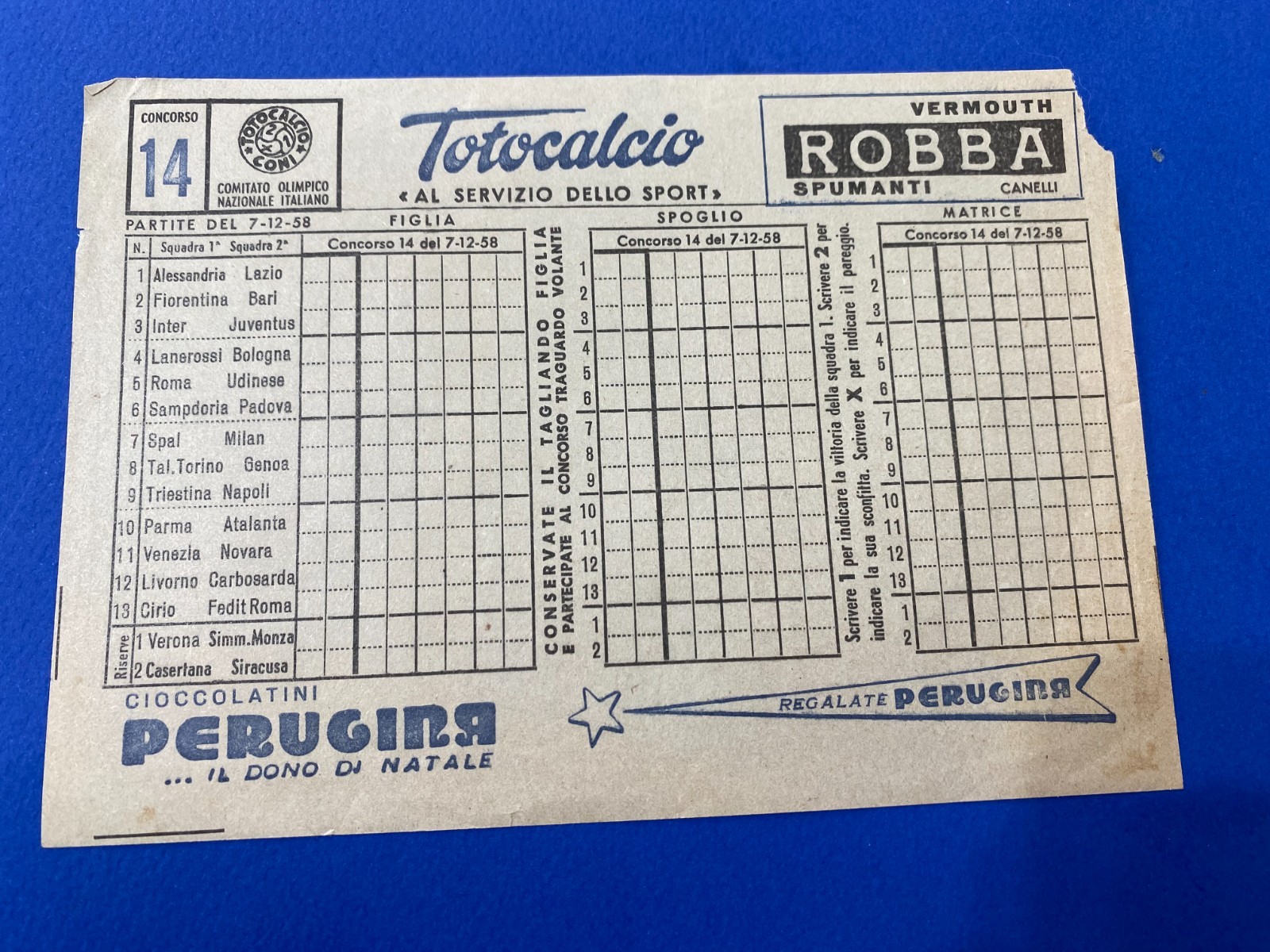 SCHEDINA TOTOCALCIO PARTITE DEL 7-12-1958  NUOVA NON GIOCATA.