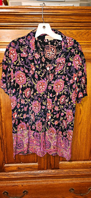 Notations Women's L Black Purple Pink Floral Woven Collared Button Front Blouse