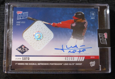 2019 TOPPS NOW JUAN SOTO #1021A AUTO #D/49 NLCS GAME USED BASE RELIC POSTSEASON