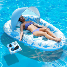 Inflatable Pool Floats Adult, 3-In-1 Pool Float Lounger with Canopy and Cup Hold