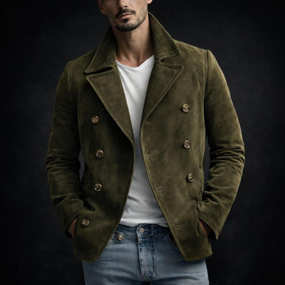 Men s Olive Suede Pea-coat Handmade Double-Breasted Classic Style Leather Jacket