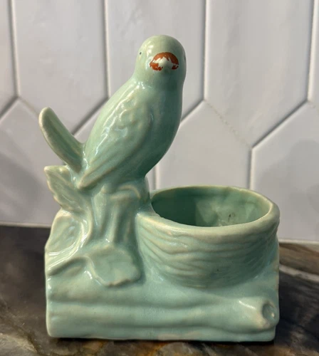 McCoy (?) Pottery Singing Bird Planter in Aqua blue glaze 6 inches tall