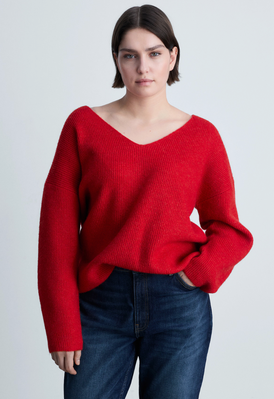 MANGO MNG Sweater Women's Size Medium Red V Neck Long Sleeve Knit