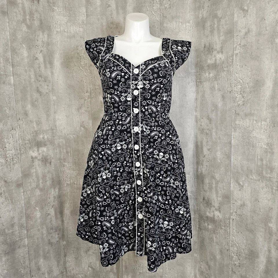 Hell Bunny Vixen Black Bandana Skull Print Button Front Dress – Women's Size XL - Image 2 of 4