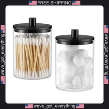 2 Glass Qtip Dispensers with Lids and Labels for Bathroom Storage