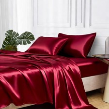 Satin Bed Sheets, Queen Size Sheets Set, 4 Pcs Silky Bedding Set with 15 Inches