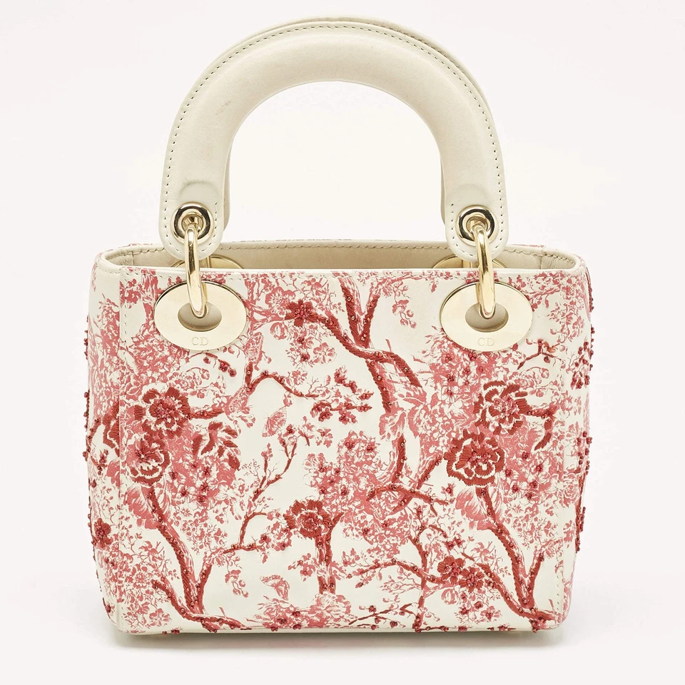 Dior RedWhite Leather Mini Floral Embroidered Lady Dior Tote - Image 4 of 4