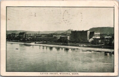 WINONA, Minnesota Postcard ''LEVEE FRONT'' Bird's-Eye Waterfront View /1909 Cancel