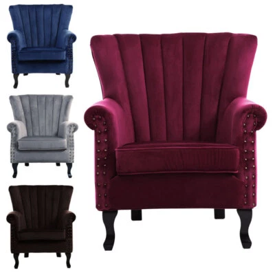 IDEAL-HOME6606 Velvet Chesterfield Sofa Queen Anne Wingback Armchair Scallop Shell Accent Chair