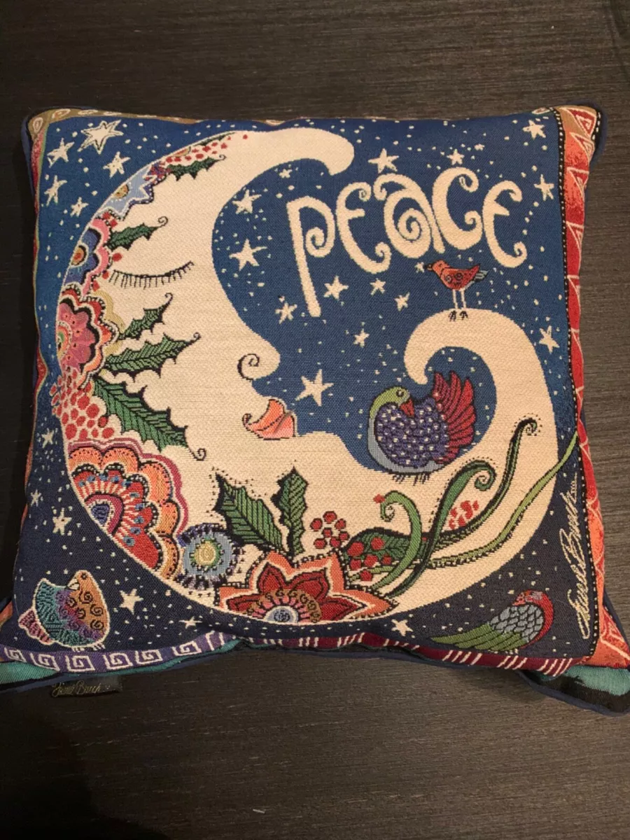 Laurel Burch Tapestry Throw Pillow Crescent Moon Peace Square Dark Blue 17 x 17
