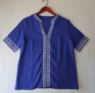 Boutique Royal Blue with White Embroidery Blouse Cobalt Blue Top Shirt