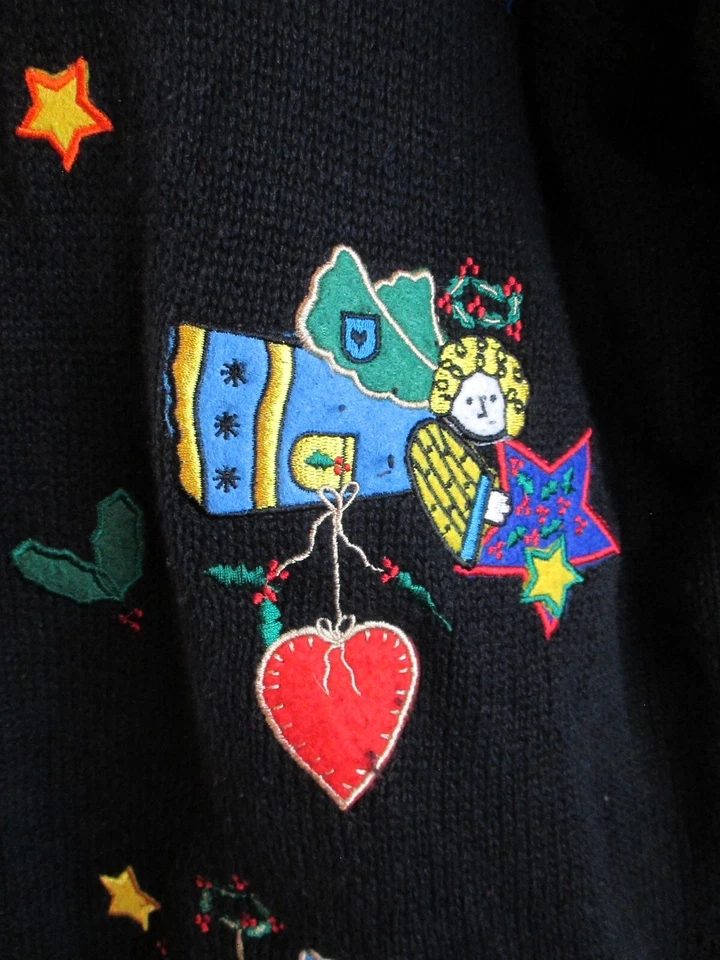 Quacker Factory Cardigan Sweater Women Medium Black Angels Holiday Embroidered  - Image 3 of 4