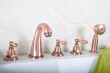 Antique Red Copper Deck Mounted 5-hole Bathtub Faucet Hand Shower Mixer Taps