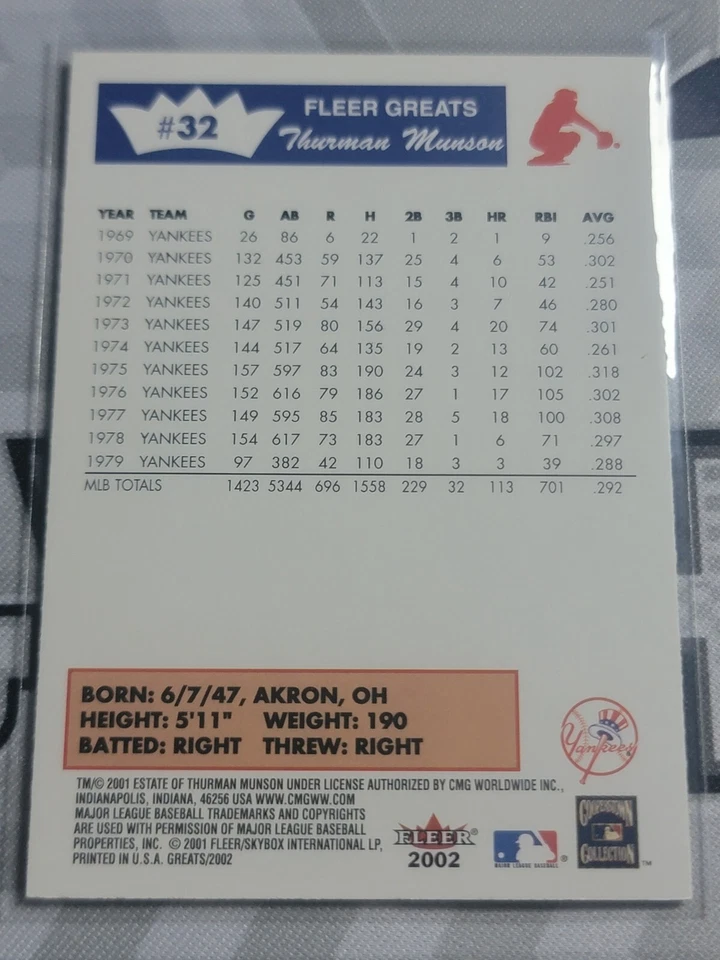 THURMAN MUNSON 2001 Fleer Greats #32. NY YANKEES - Image 2 of 2