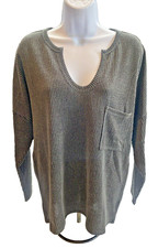 BIBI Women  s Oversized Knit Top Gray Black Striped V Neck Pocket NEW Boho