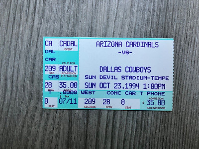 1994 NFL AZ Cardinals vs Dallas Cowboys Game Ticket T Aikman/E Smith/M Irvin TDs