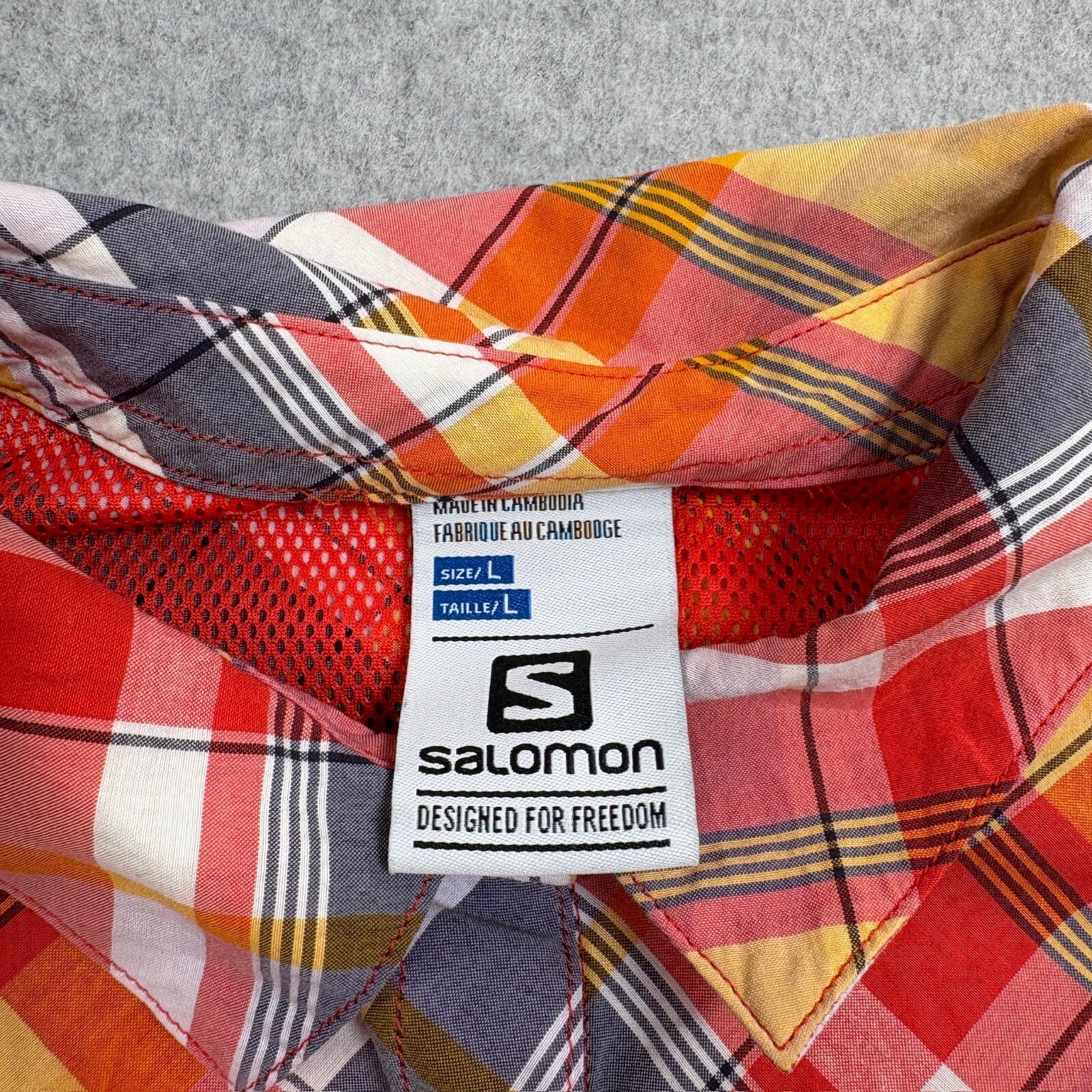 Camicia Salomon donna grande arancione bottoni a quadri pelle avanzata outdoor campeggio escursione