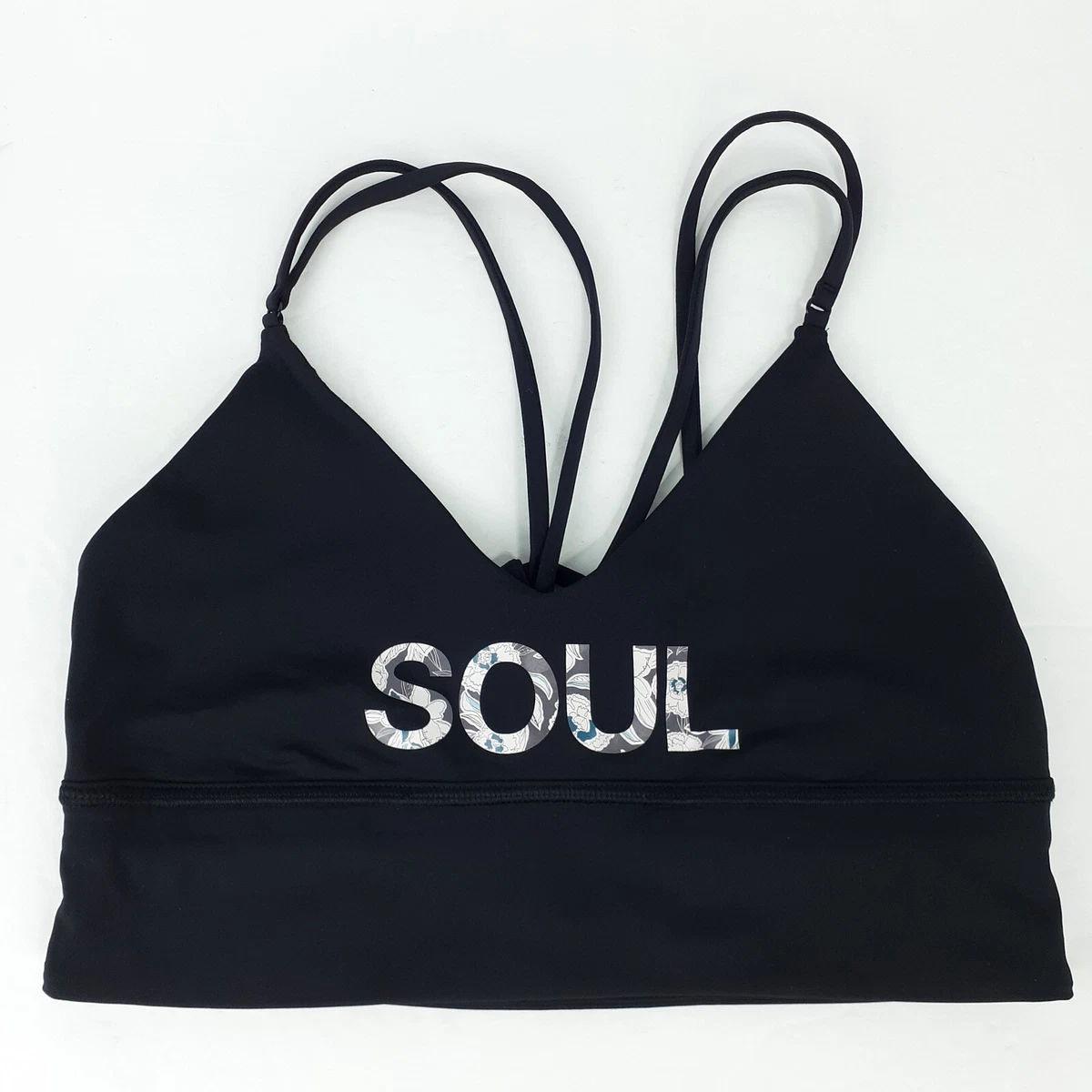 Lululemon Soulcycle Uncaged Sport Bra SOUL Strappy Back Black Floral Logo  Size 8