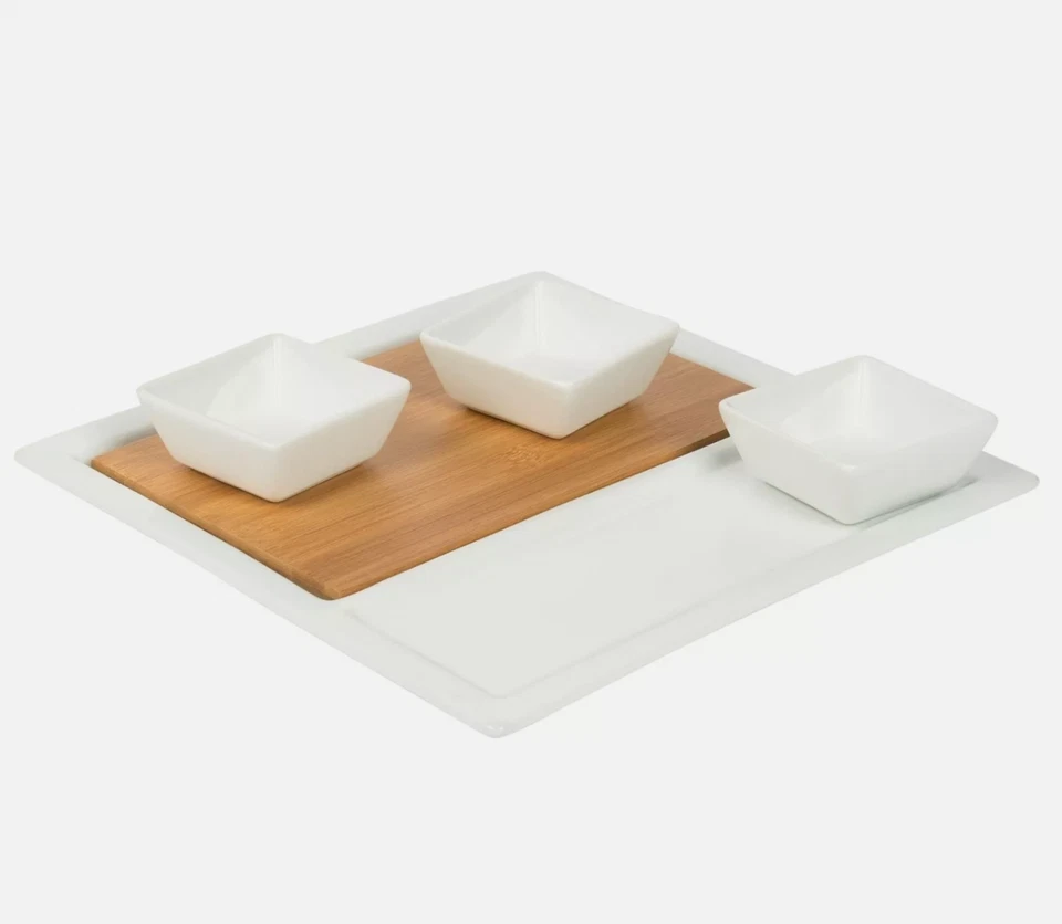 TABLETOPS UNLIMITED SERVING 5PCS SET BAMBOO TRAY PORCELAIN BOWLS BRAND NEW NIB - Image 3 of 4