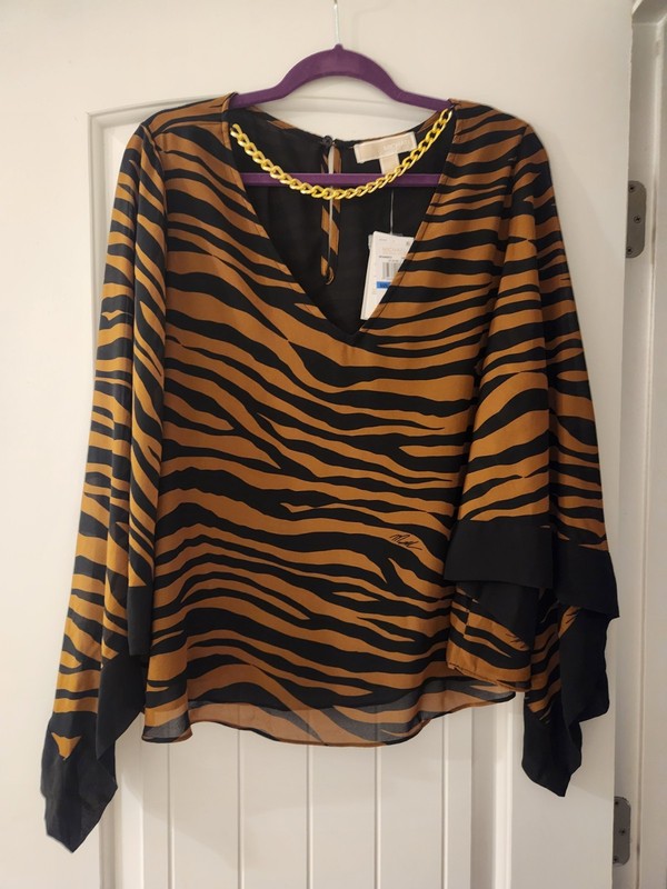 Michael Kors caramel tiger striped blouse with long sleeves Size XL NWT