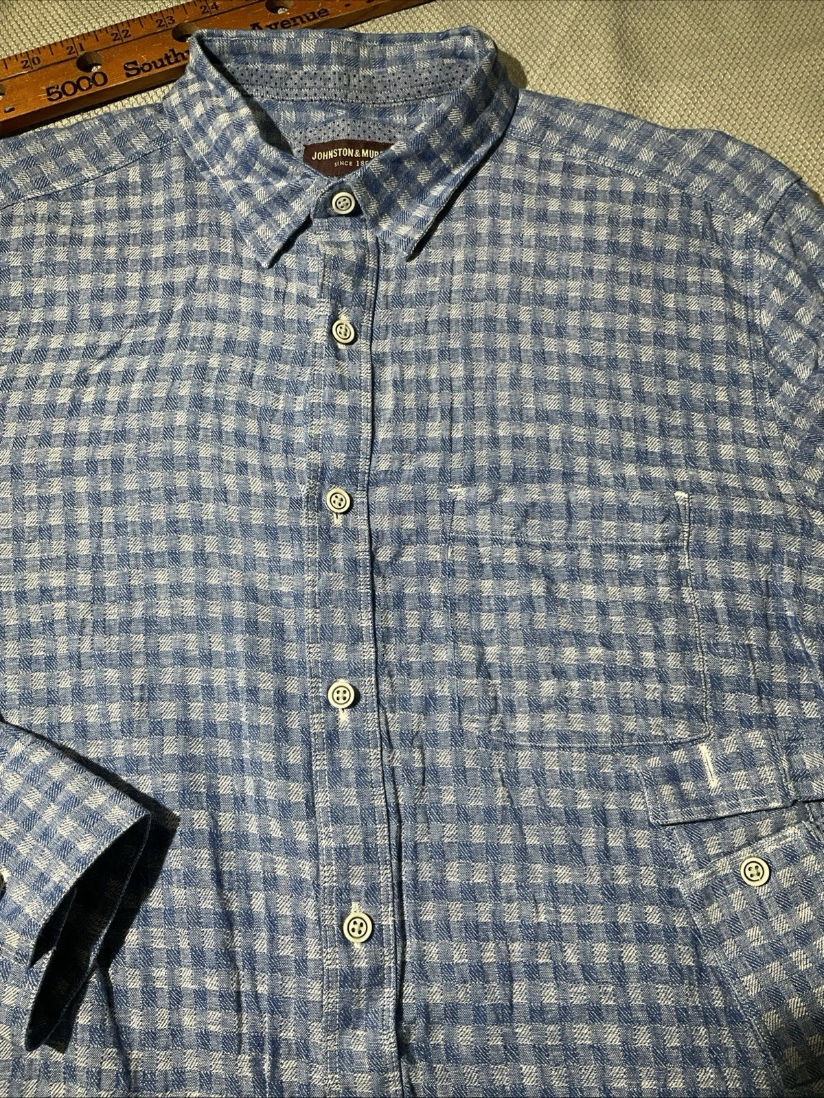 Johnston Murphy Shirt Mens Large Blue White Linen Blend Button Down Preppy