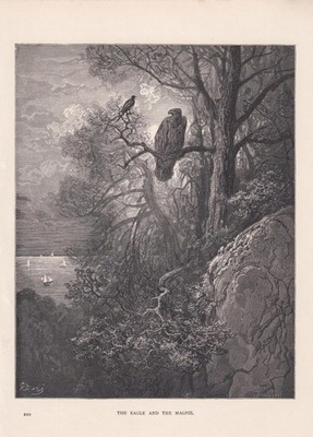 1870 GUSTAVE DORE Druck - ''Der Adler und die Elster'' - Wandkunst - 8,5 x 12,8 cm