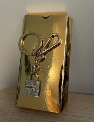 Michael Kors MK Logo Rhinestone Bling Keychain Bag Charm Gold Tone