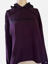 Champion Women s Purple Fleece Cotton Blend Logo Drawstring Hoodie Pullover XL