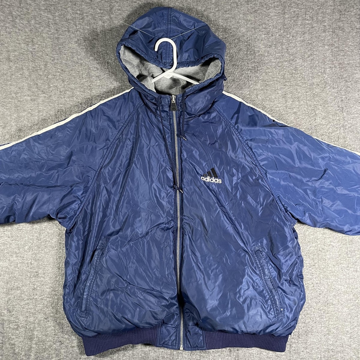 Adidas Jacket Mens XL Blue Gray Reversible Hooded Full Zip Winter