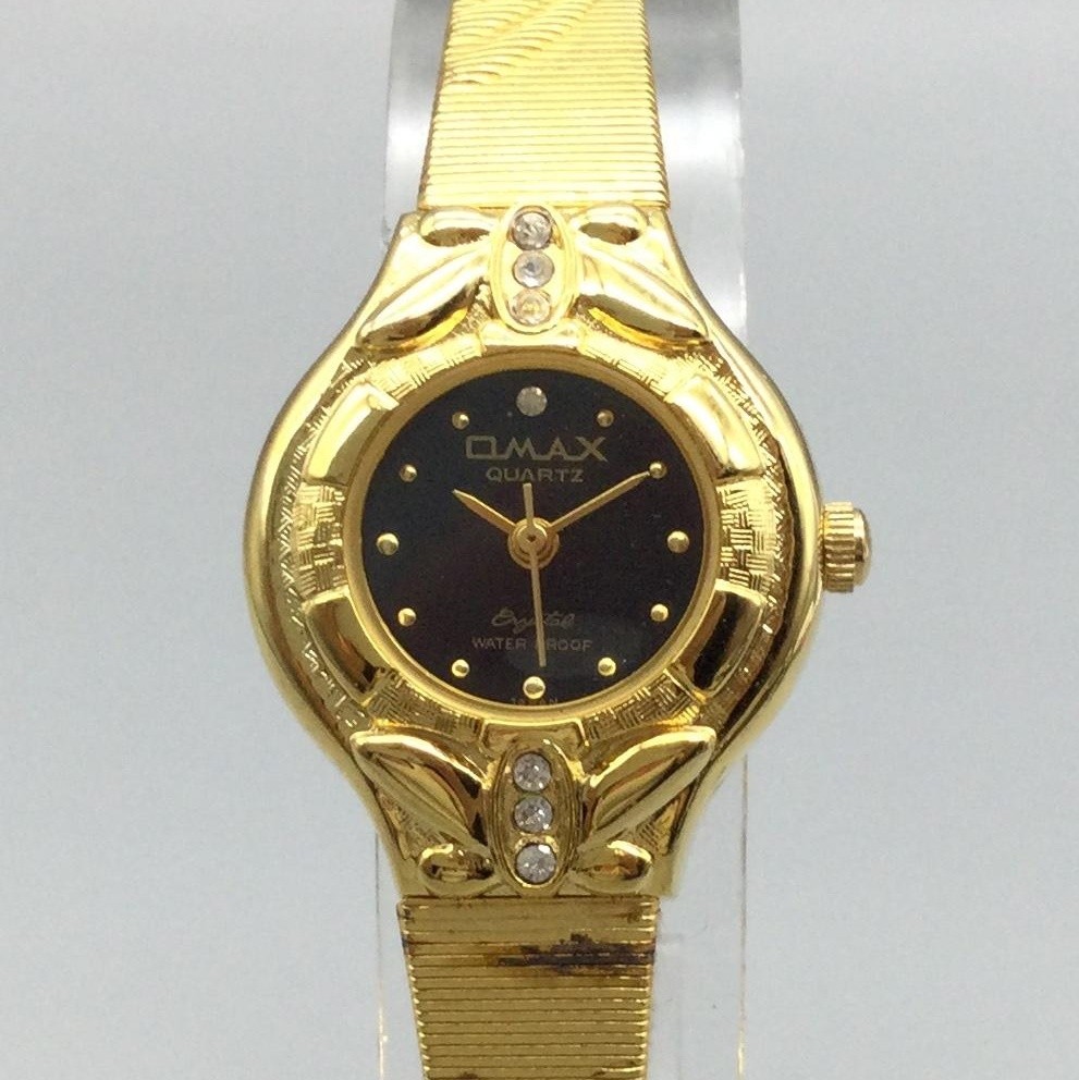 Omax Womens Watch 23mm Black Dial Gold Tone Crystals Bangle New