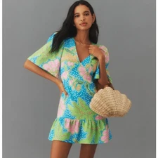 Rhode Mariana Dress Blue Psychedelic Flower Linen Ruffle Hem Size 14 NWT