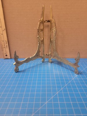 Vintage Metal Easel Display Stand Ornate Gold Tone Plate Photo Art Holder Decor