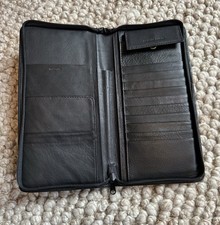 Vintage Leather Black Passport Holder Travel Wallet Zipper Pockets 9in