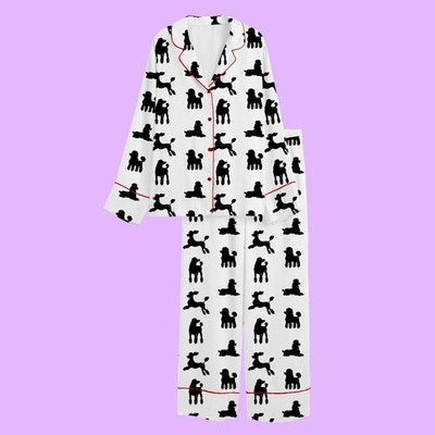 Women s Funky Black Poodle Dog Lover ShortSleeve Satin Paj
