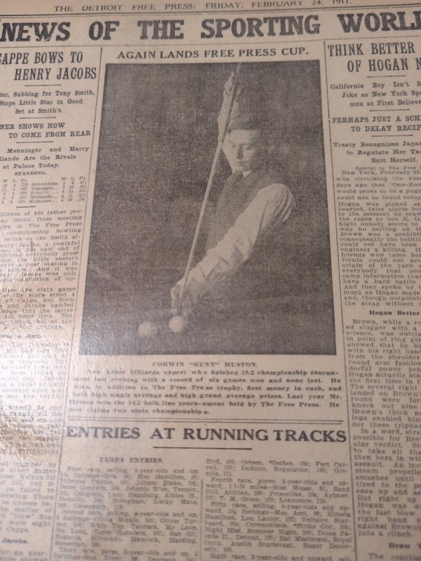 FEB 24, 1911 NEWSPAPER PAGE #2265- CORWIN "HUNT" HUSTON, ANN ARBOR BILLIARDS 