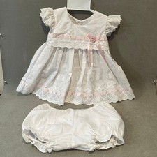 Vintage Baby Girl White Eyelet Lace Dress Bloomers Set Pink Ribbon 12 Months