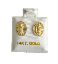 14K Solid Yellow Gold Virgin Guadalupe Mary Stud Earrings 9.9mm x 7.4mm - S729
