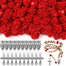 140 Pcs Rosary Making Supplies Carved Rose Beads Flower Default, Red