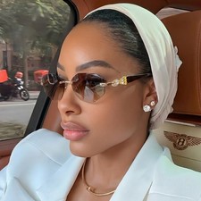 Frameless Oval UV400 Sunglasses Gold Frame Gray Lenses Stylish Unisex Outdoor