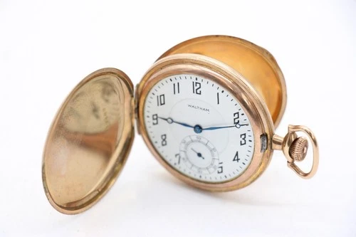 F Cased American Waltham Full Hunter Running Pocket Watch Gold Plated Keeps Time