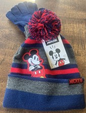 Disney Mickey Mouse Winter Hat  Gloves Set Pom Beanie Knit Navy Red Kids NWT