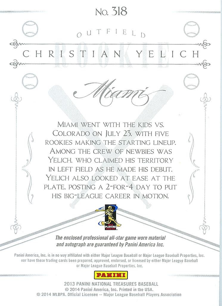 Christian Yelich 2013 National Treasures Auto Autograph Patch RC