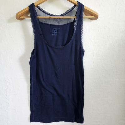 Y2K American Eagle Womens Tank Top L Blue Lace Racerback Coquette Coastal Navy