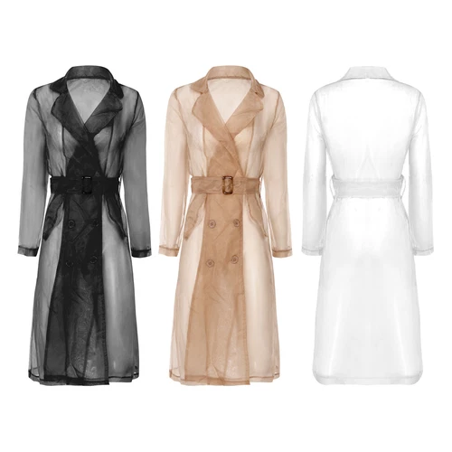 Womens Coat See Through Trench Notch Lapel Jackets Ladies Outerwear Cropped- - Picture 2 of 60