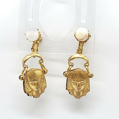 Miriam Haskell Art Glass Bead Egyptian Pharaoh Dangle Screwback Vintage Earrings