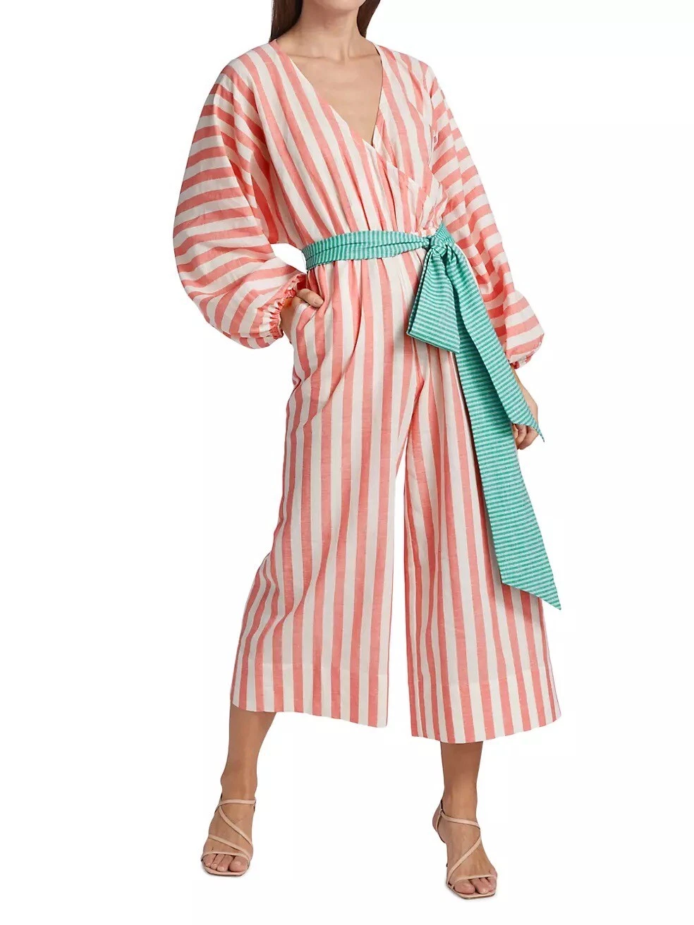 RHODE Anika Striped Jumpsuit in Peach Belt Linen Size XL NEW $475